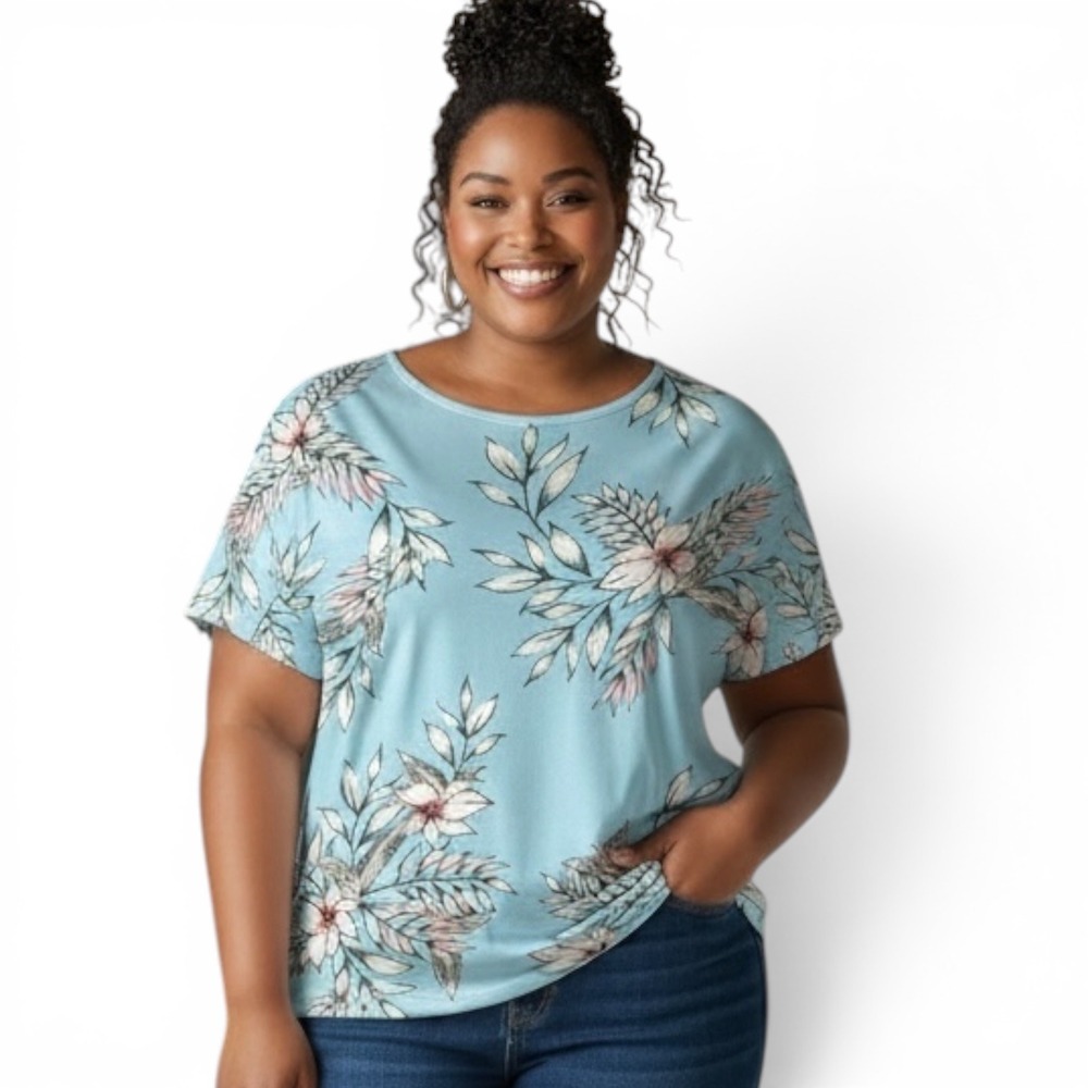 Como Blu Womens 2X Blue Floral Side Knot Short Sleeve Top CS10285WBLU